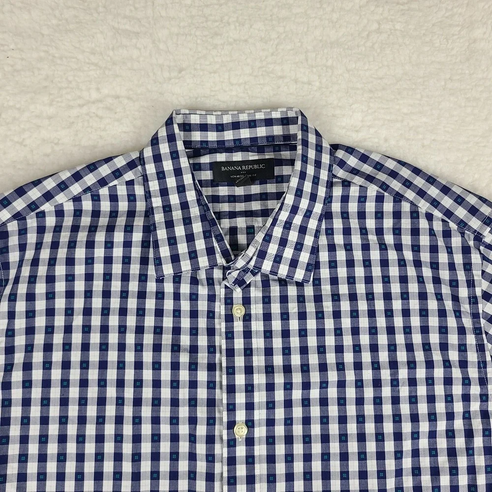 Banana Republic Shirt Mens XL Blue Navy Plaid Non Iron Slim Fit Dress‎ Button Up